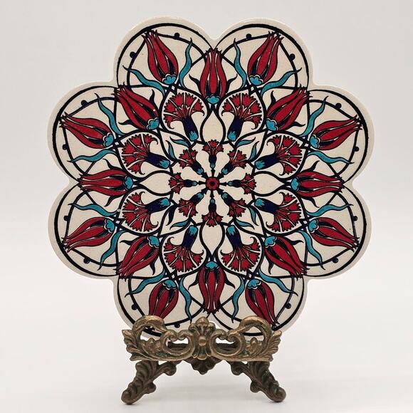 Vintage Turkish Trivet Pot Stand - Beautiful Hand Painted Ceramic Floral Tile - Picture 2 of 7